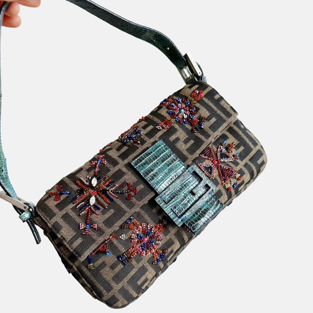 Fendi Baguette Zucca Monogram with Beaded Floral Embroidery