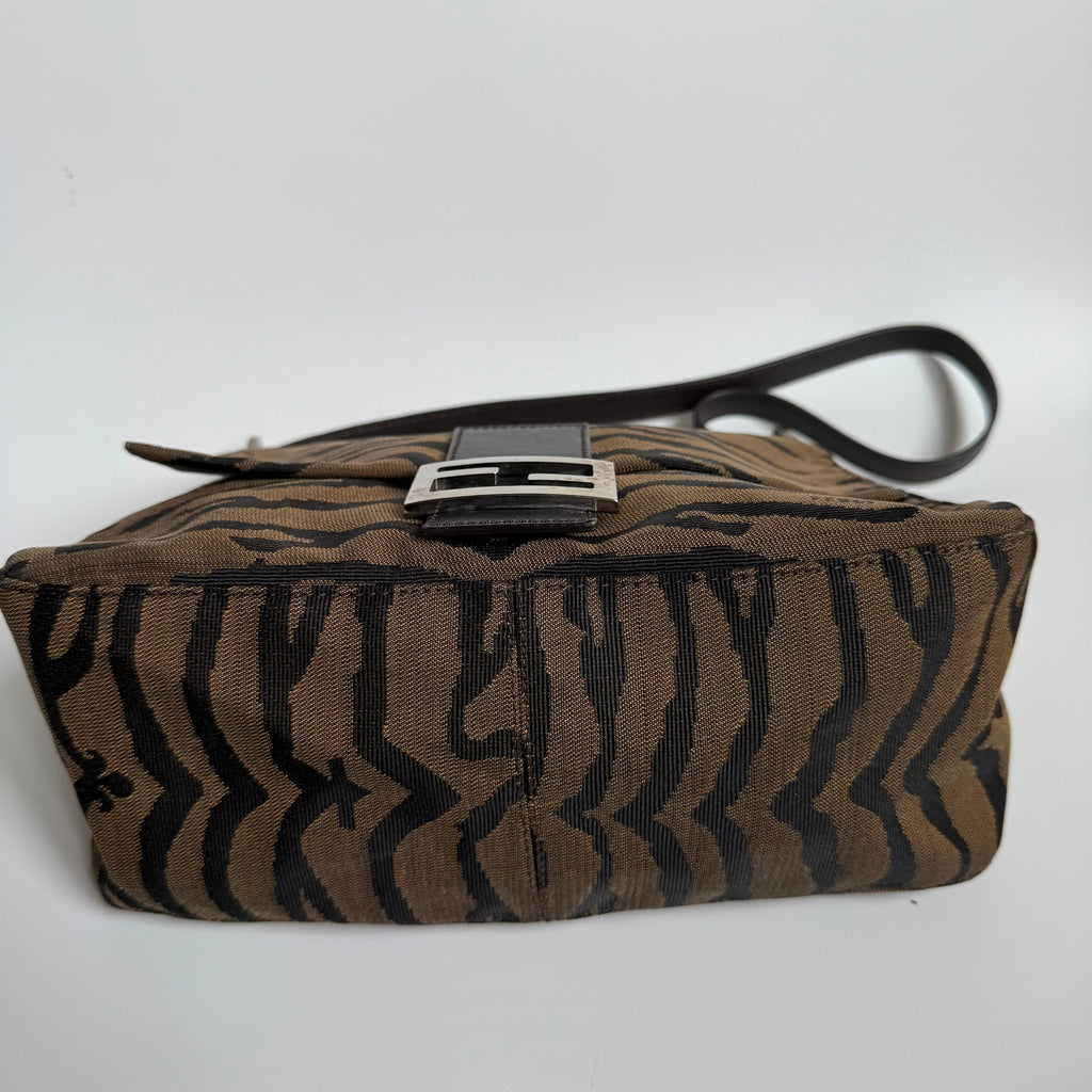 Fendi Mamma Baguette Brown Zebra Print Canvas Shoulder Bag