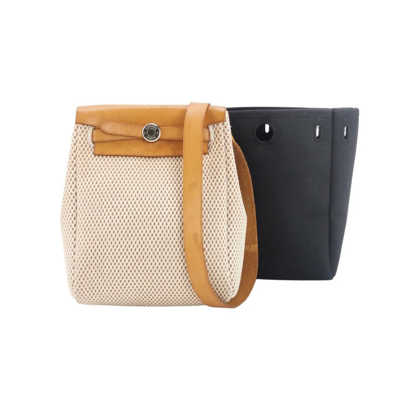 Hermes Herbag Mini Beige and Black Canvas Silver-tone Hardware Crossbody Bag