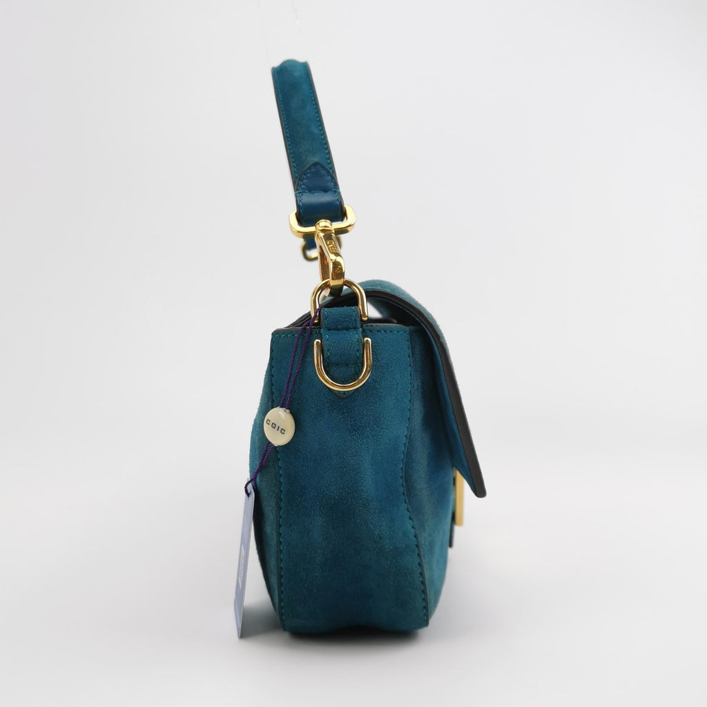 Fendi Baguette Selleria Suede Leather Crossbody Bag Medium Teal Blue