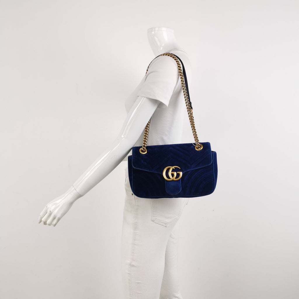 Gucci Marmont Small Flap Turquoise Navy Velvet Handbag