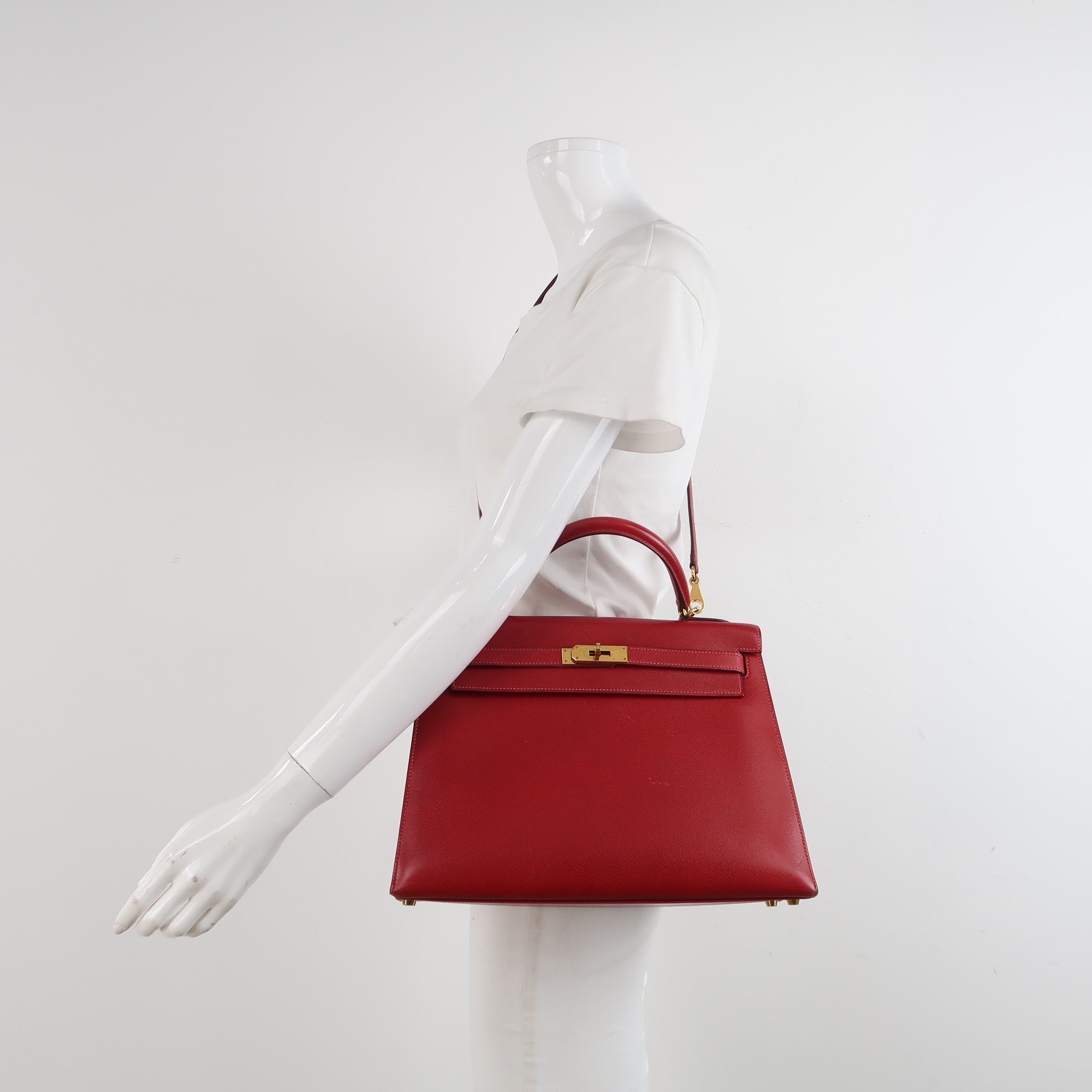 Hermes Kelly 32 Sellier Rouge Vif Red Courchevel Epsom Leather Double Ring Gold HW 2003