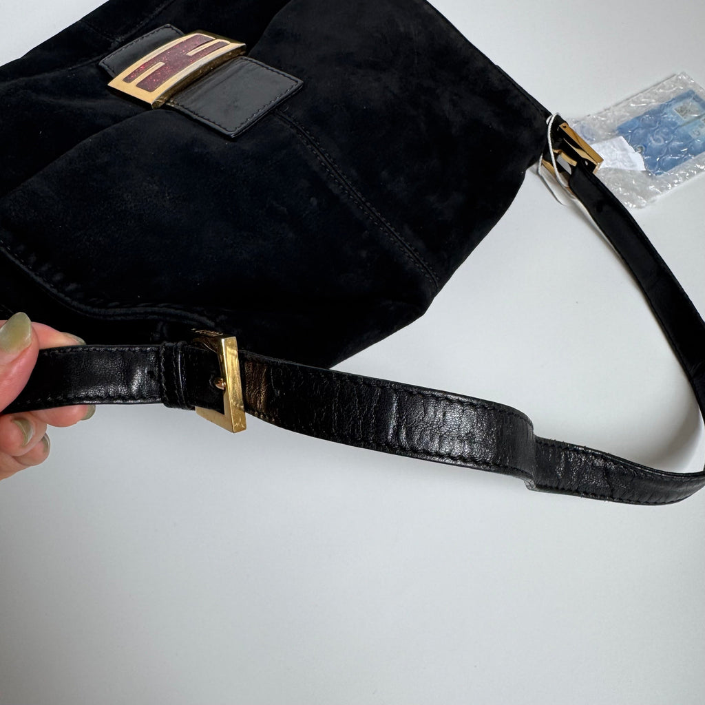 Fendi Mamma Baguette Black Suede Leather Red Buckle