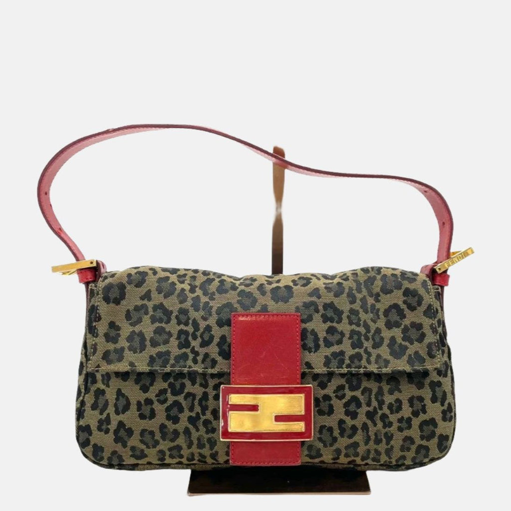 Fendi Baguette Denim Leopard Print with Red Leather Rare