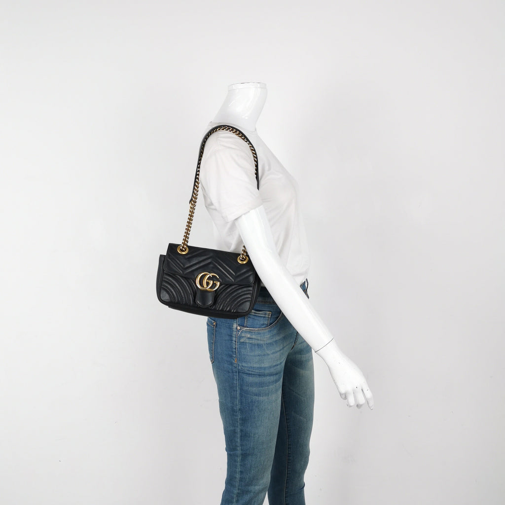 Gucci Marmont Mini Flap Black Calfskin Leather Handbag Gold Hardware