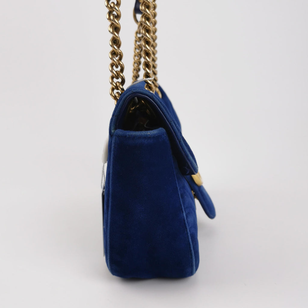 Gucci Marmont Small Flap Turquoise Navy Velvet Handbag