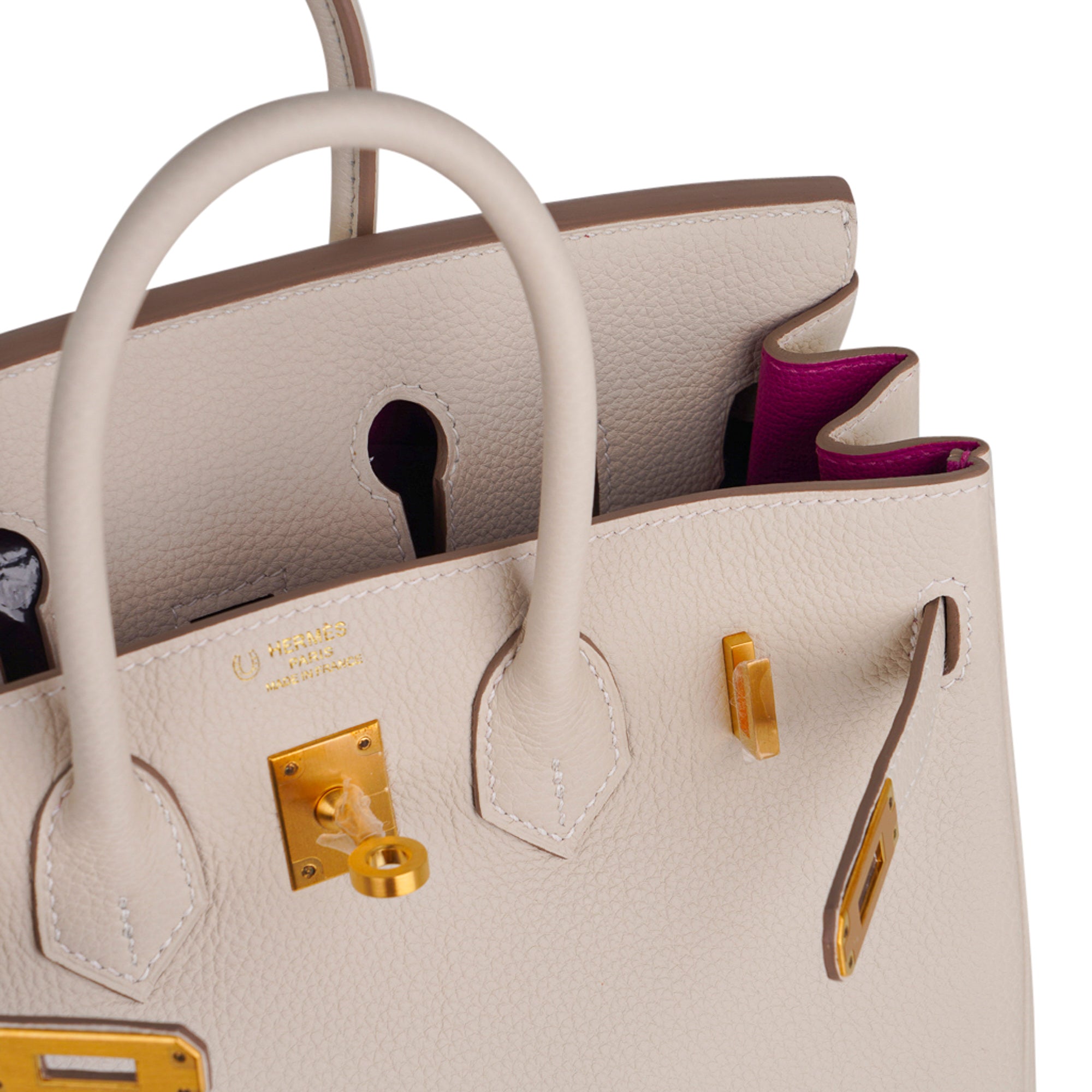 Hermes Birkin HSS 25 Bag Beton w/ Pink Rose Pourpre Brushed Gold Hardware Togo