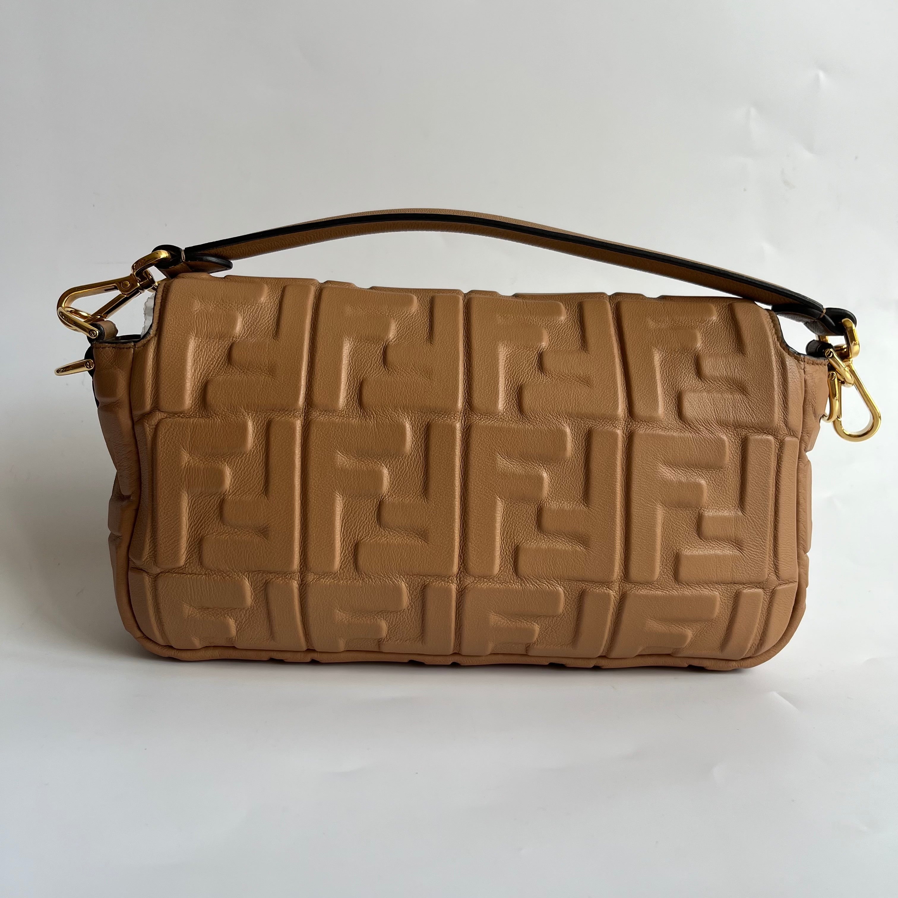 Fendi Baguette Caramel Tan Brown Lambskin Leather Crossbody Bag Medium