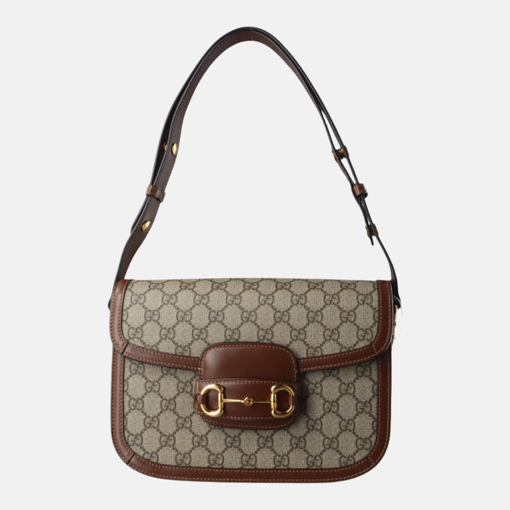 Gucci 1955 Horsebit Bag Tan Brown Small Leather Canvas Monogram