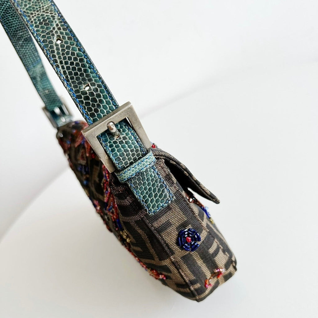 Fendi Baguette Zucca Monogram with Beaded Floral Embroidery