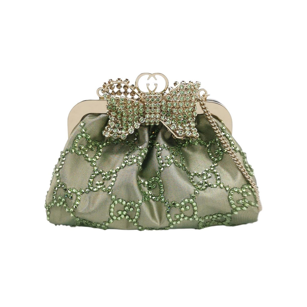 Gucci Mini Crystal Monogram and Bow Green Nylon Clutch With Chain