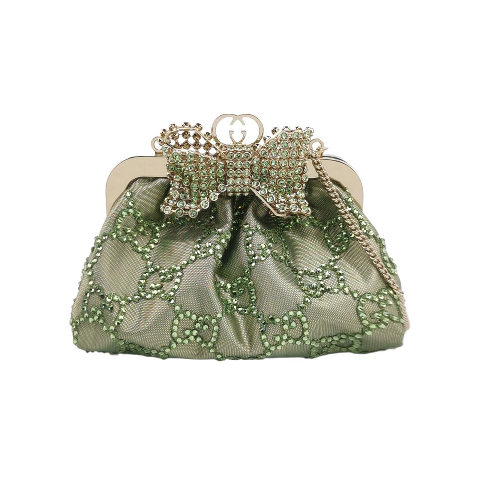 Gucci Mini Crystal Monogram and Bow Green Nylon Clutch With Chain