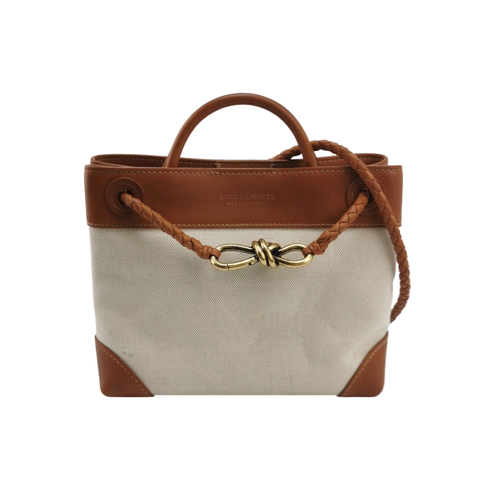 Bottega Veneta Small Andiamo Tan Brown Leather and Beige Canvas Handbag