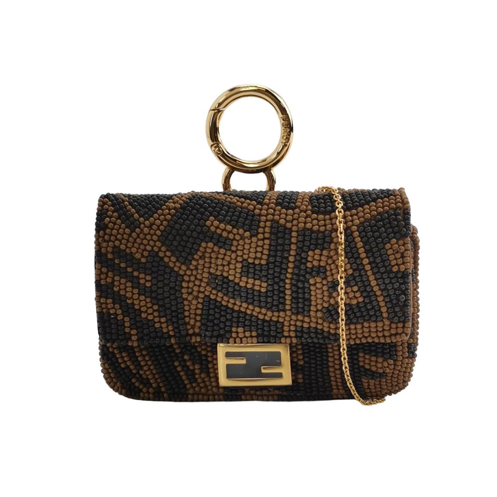 Fendi Nano Baguette Charm Beaded Brown Zucca Psychedelic Print Chain Strap