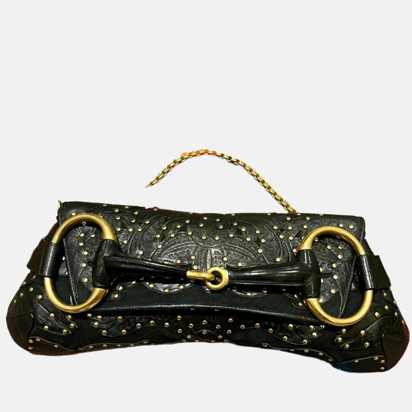 Gucci Horsebit 1955 Chain Shoulder bag Large Black Embossed Leather and Gold Studs