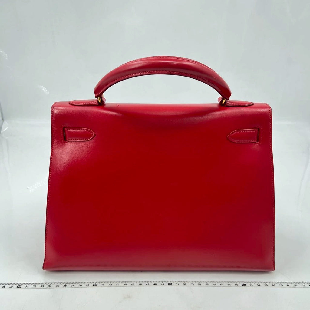 Hermes Kelly 32 Vintage Sellier Rouge Vif Red Box Calf Leather Gold HW 1988 Circle R
