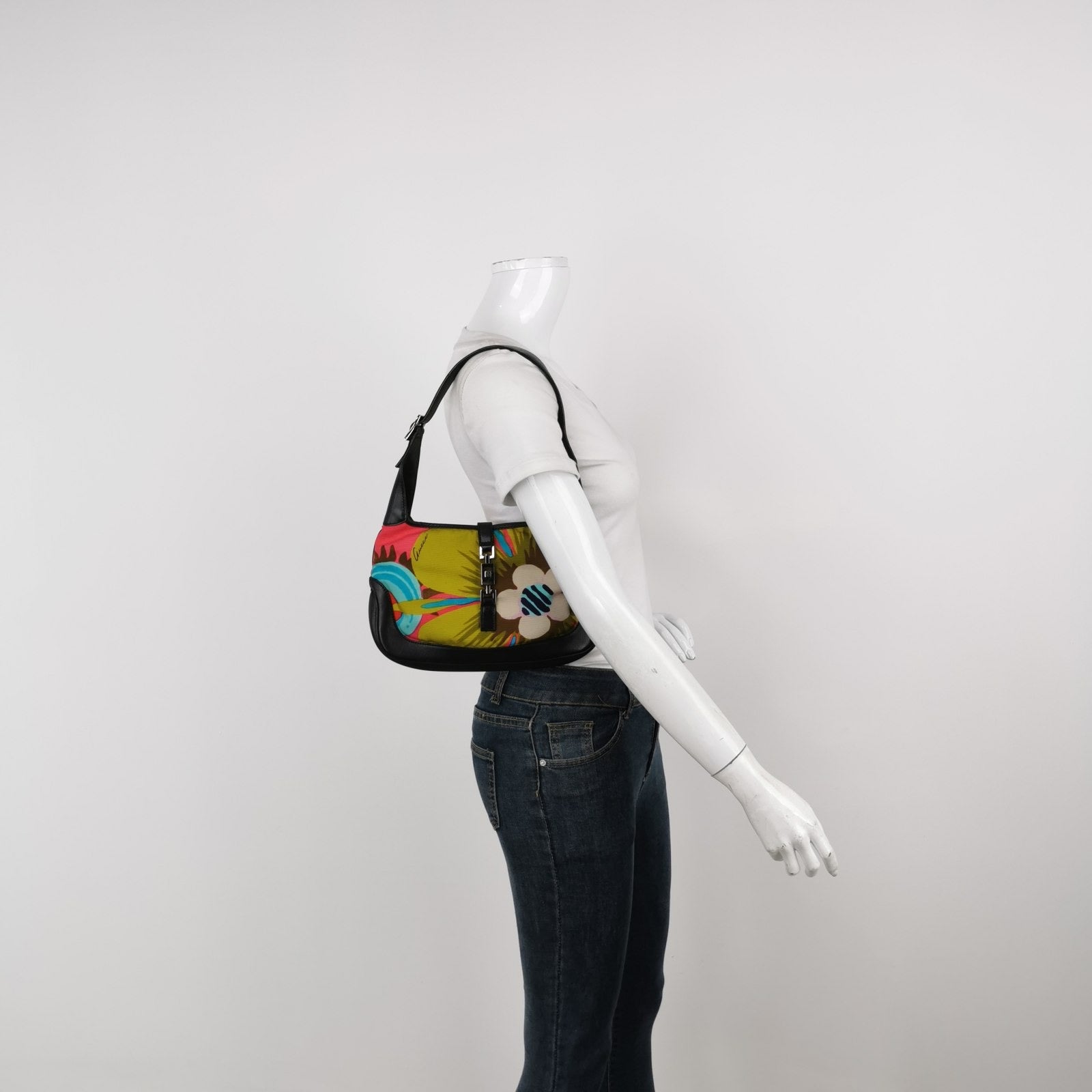 Gucci Jackie Vintage Mini Multicolor Floral Canvas Black Leather Shoulder Bag