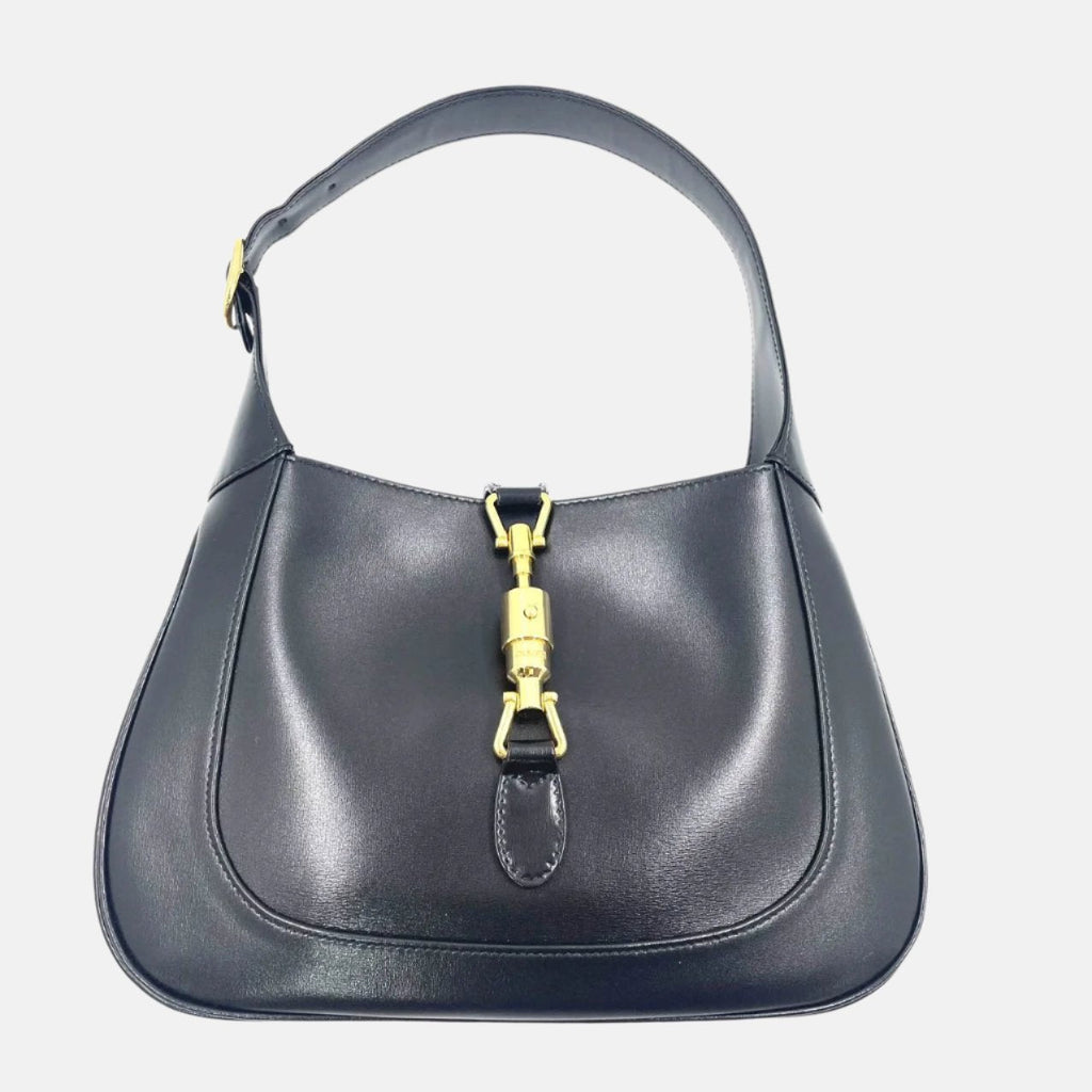 Gucci Jackie 1961 Black Leather Bag Small Piston Lock With Strap