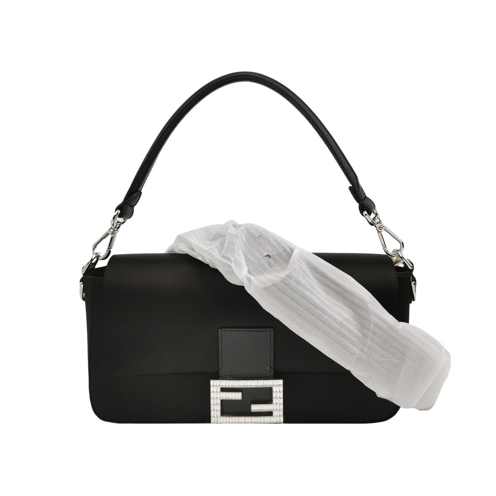 Fendi Baguette Black Silk Crystal Buckle Crossbody Bag