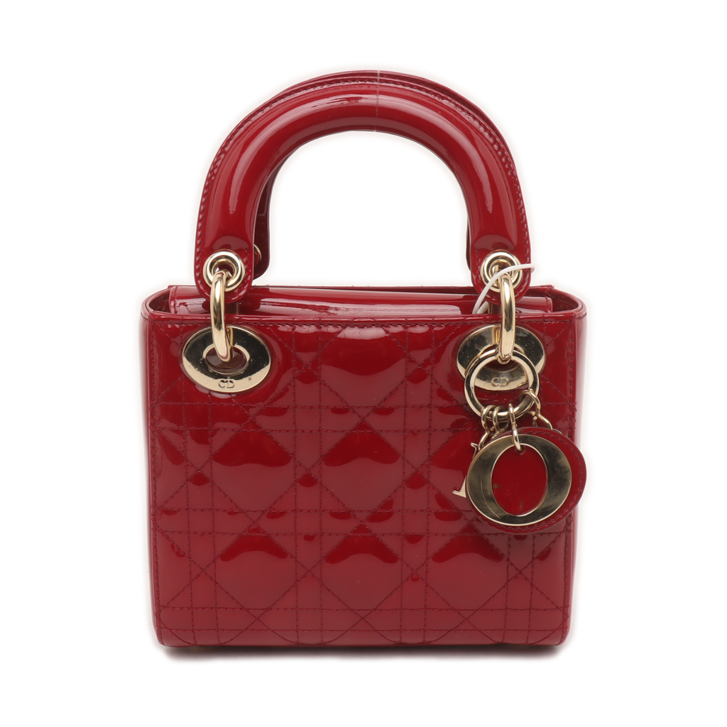 Lady Dior Mini Handbag Burgundy Red Patent Leather Gold-tone Chain Strap