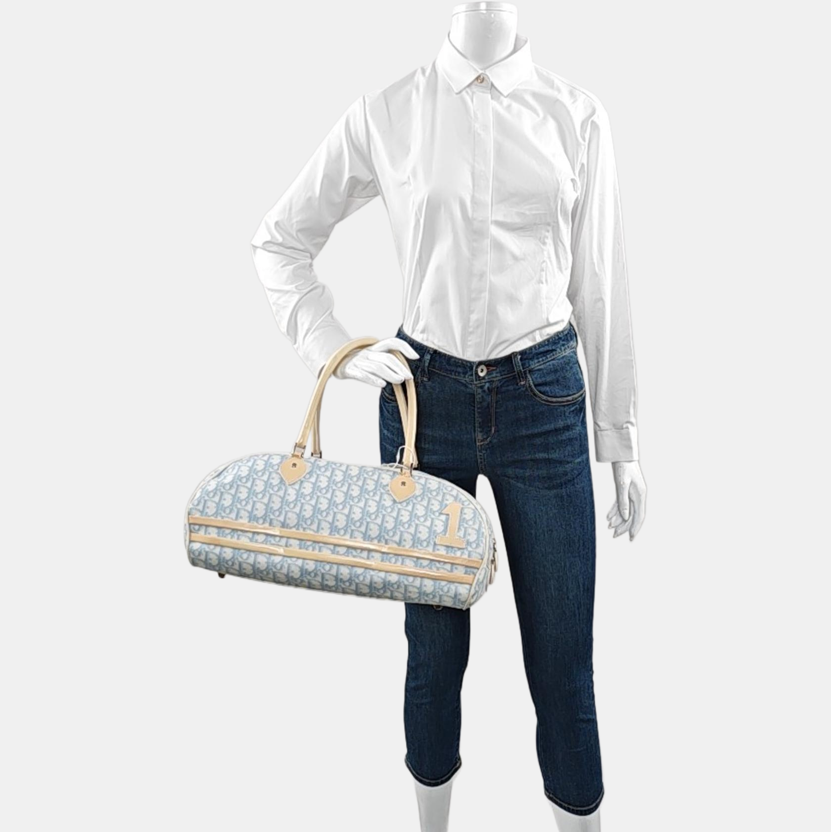 Dior No. 1 Rasta Trotter Bowling Bag Blue Oblique Canvas White Patent Leather