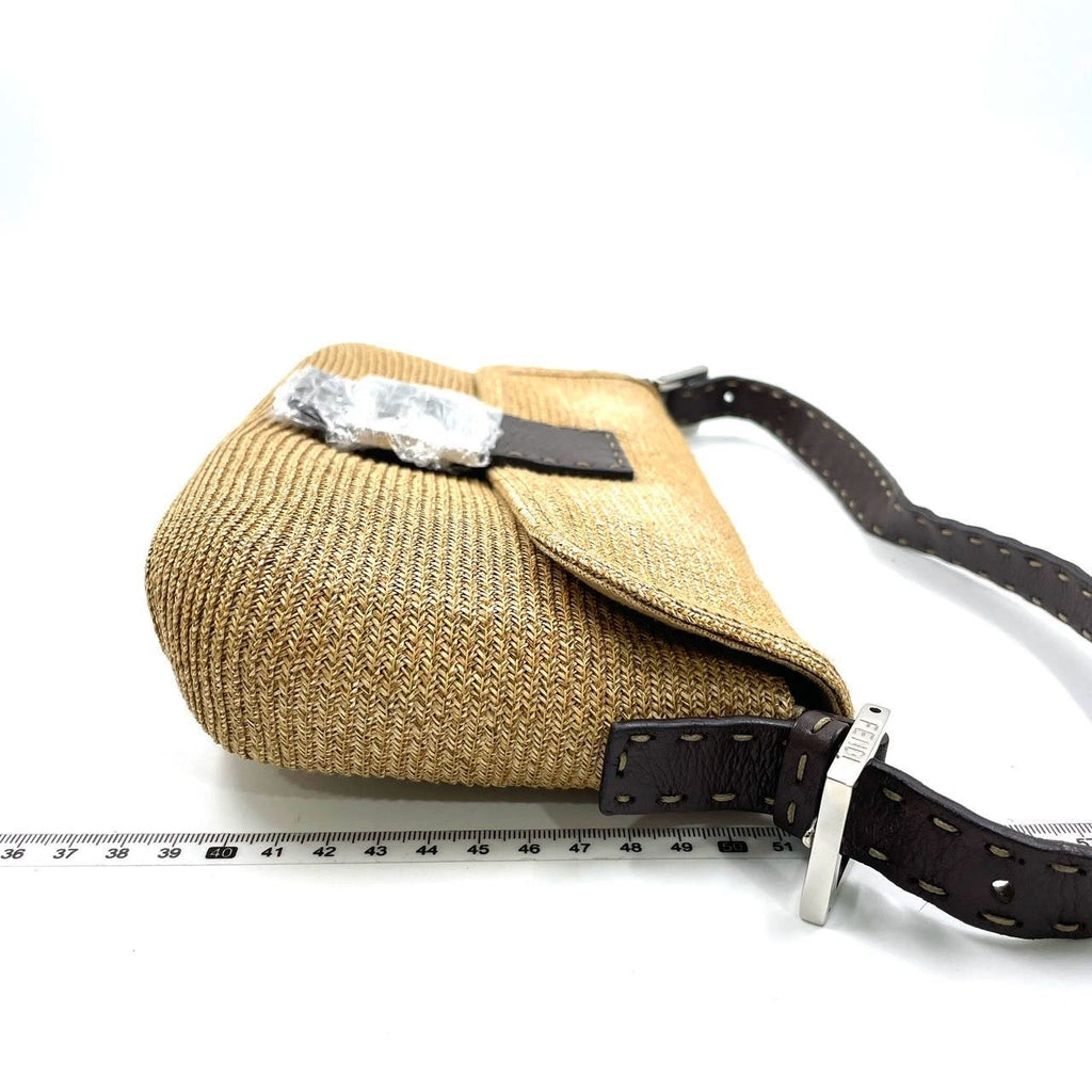Fendi Baguette Raffia Straw Beige and Brown Leather Shoulder Bag