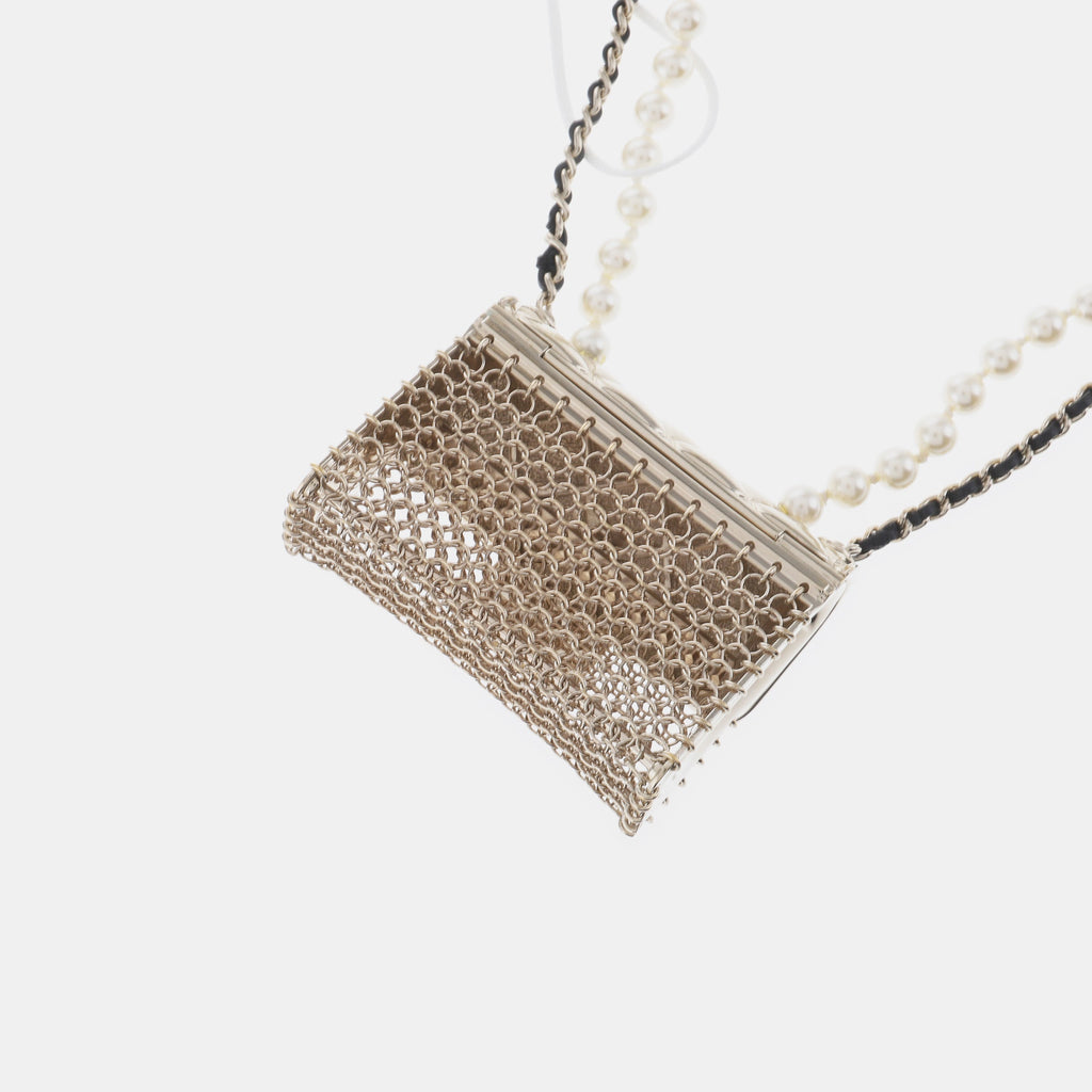 Chanel Micro Flap Bag Charm Chain Long Necklace with Matelasse and Pearl Chain 102cm