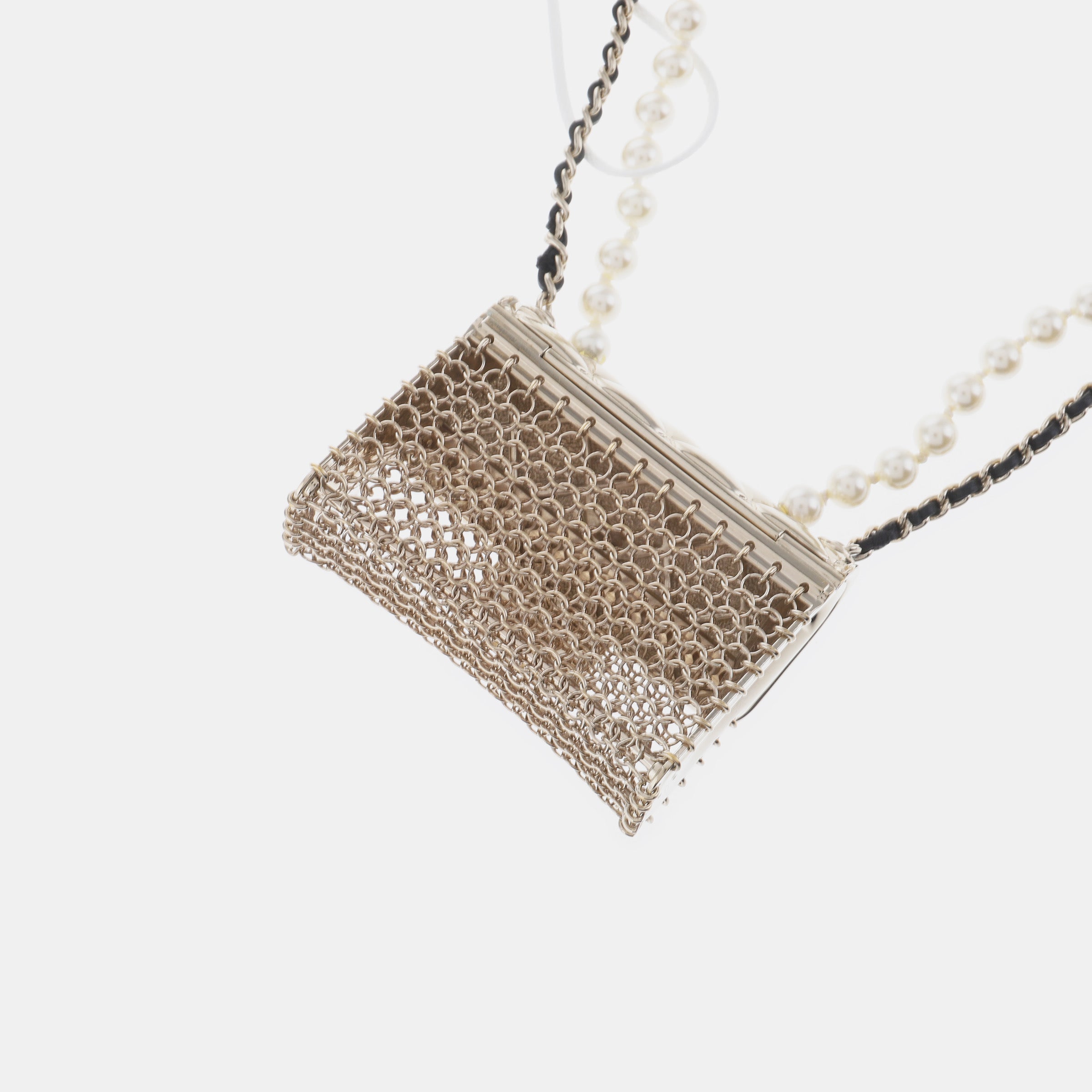 Chanel Micro Flap Bag Charm Chain Long Necklace with Matelasse and Pearl Chain 102cm