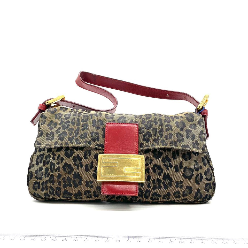 Fendi Baguette Denim Leopard Print with Red Leather Gold Hardware