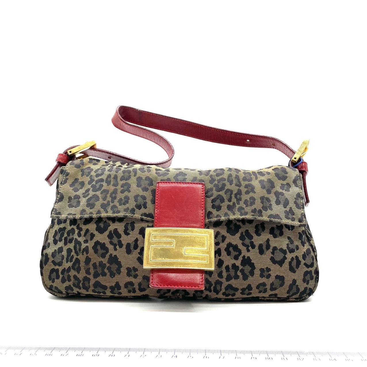 Fendi Baguette Denim Leopard Print with Red Leather Gold Hardware