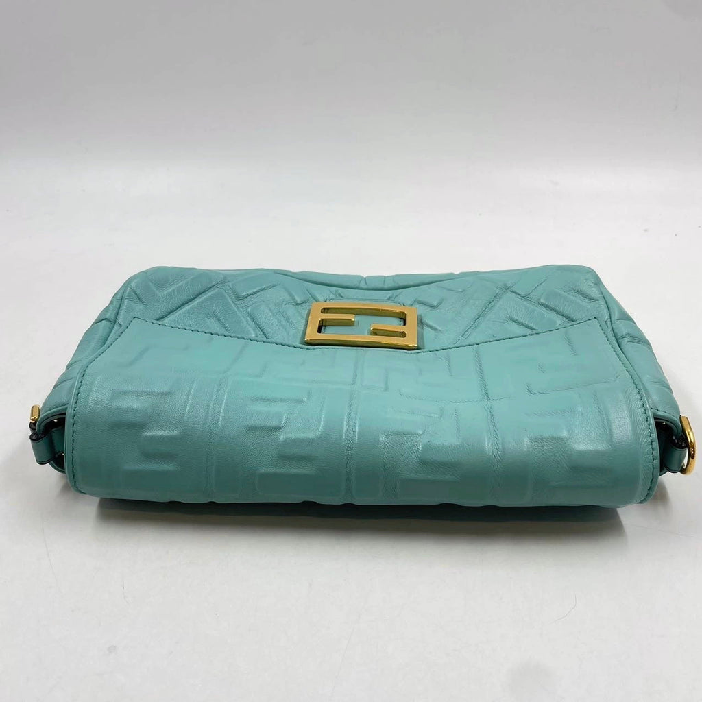 FENDI Baguette Turquoise Leather 3D FF Motif Crossbody bag