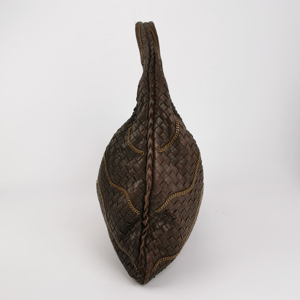Bottega Veneta Veneta Hobo Intrecciato Dark Brown Leather Zipper Chain Embellished 45cm