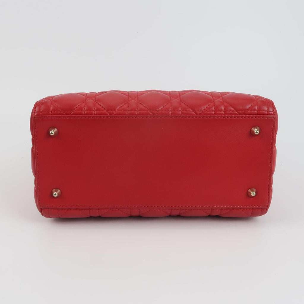 Lady Dior Medium Red Lambskin Leather Gold Hardware Leather Strap 2014