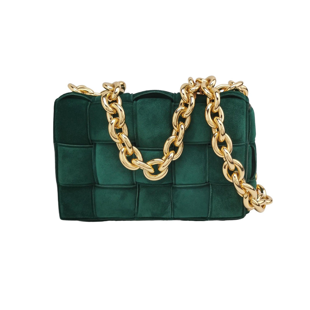 Bottega Veneta Padded Cassette Suede Leather Dark Green with Gold Chain