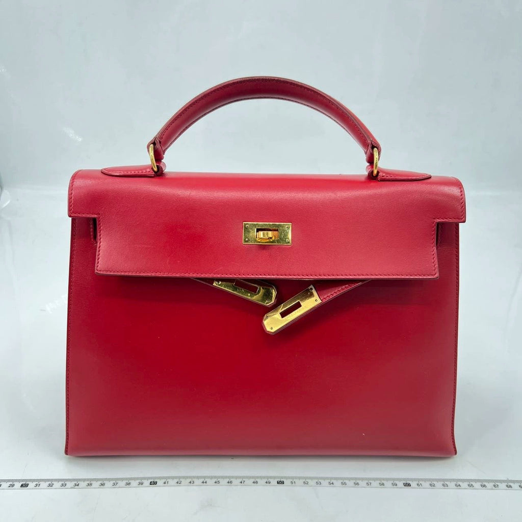 Hermes Kelly 32 Vintage Sellier Rouge Vif Red Box Calf Leather Gold HW 1988 Circle R