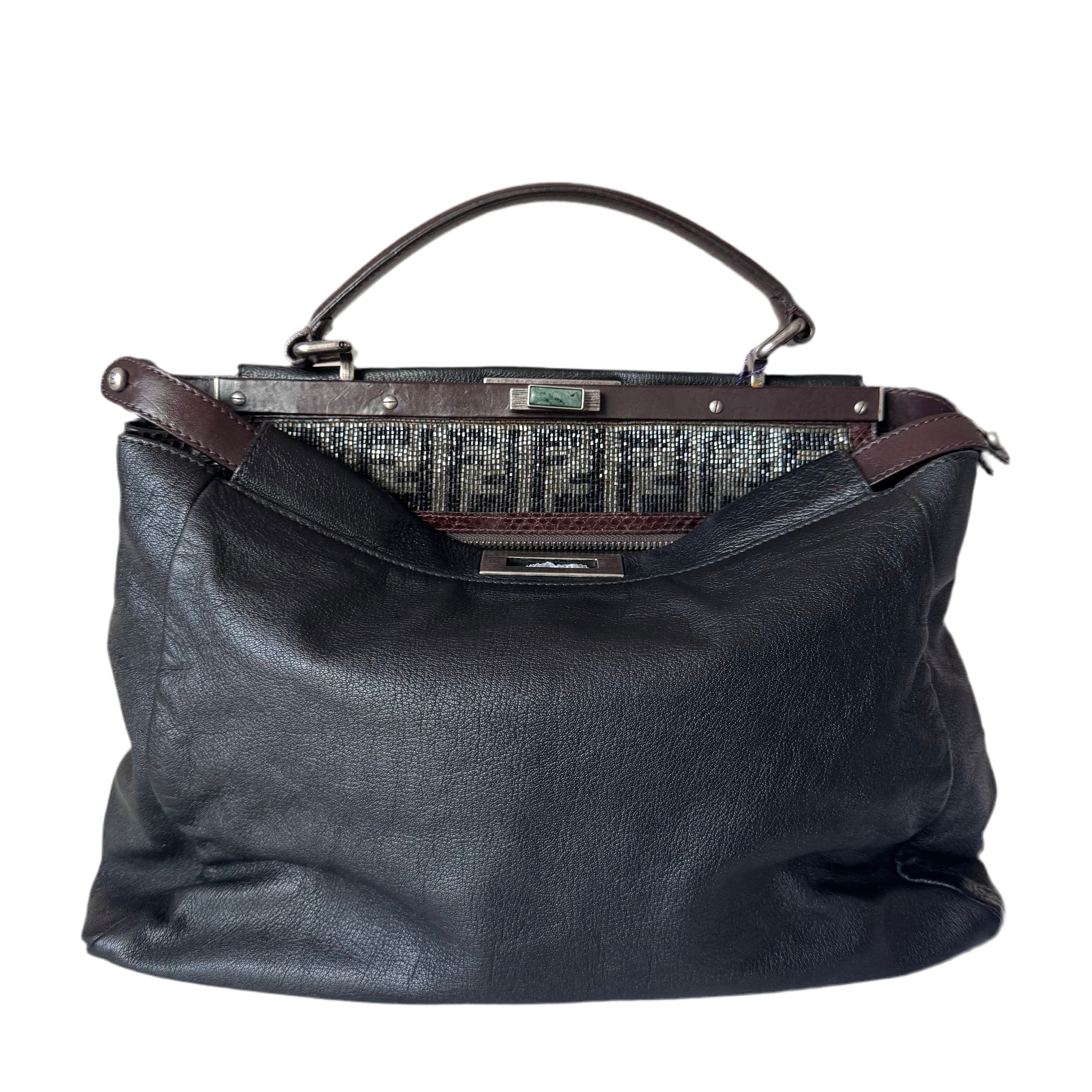 Fendi Peekaboo Large Black Calfskin Leather Glitter Beaded Zucca Interior