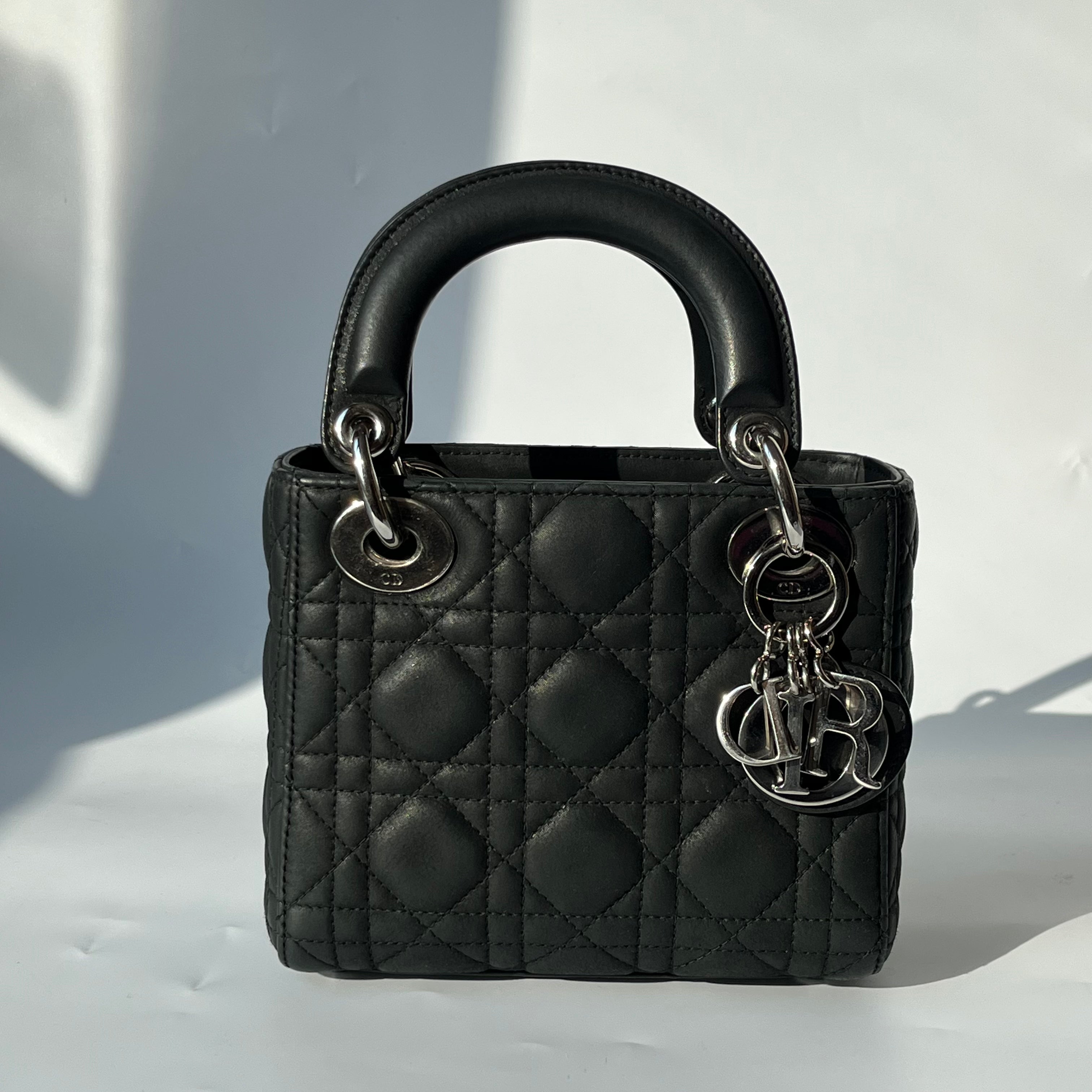 Lady Dior Mini Black Nubuck Aged Lambskin Leather handbag with silver hardware Chain Strap