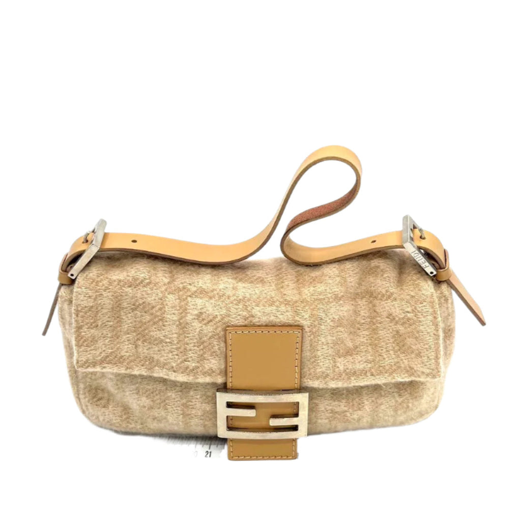 Fendi Baguette Beige Zucca Print Wool Leather Shoulder Bag