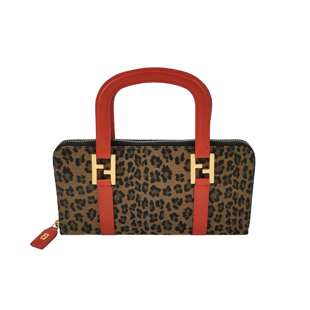 Fendi Clutch Denim Leopard Print with Red Leather Handles