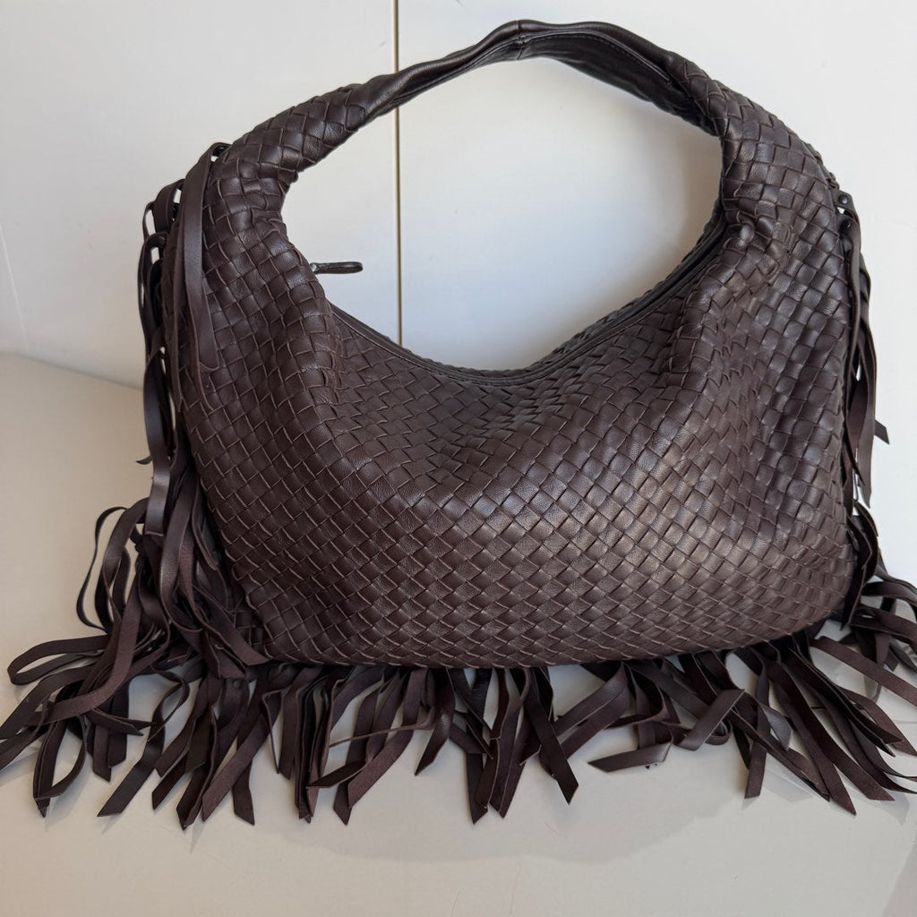 Bottega Veneta Veneta Fringed Hobo Large Dark Chocolate Brown 47cm Lambskin Leather