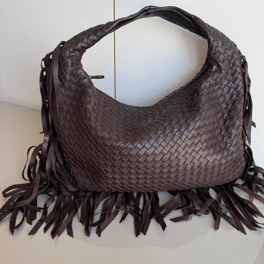 Bottega Veneta Veneta Fringed Hobo Large Dark Chocolate Brown 47cm Lambskin Leather