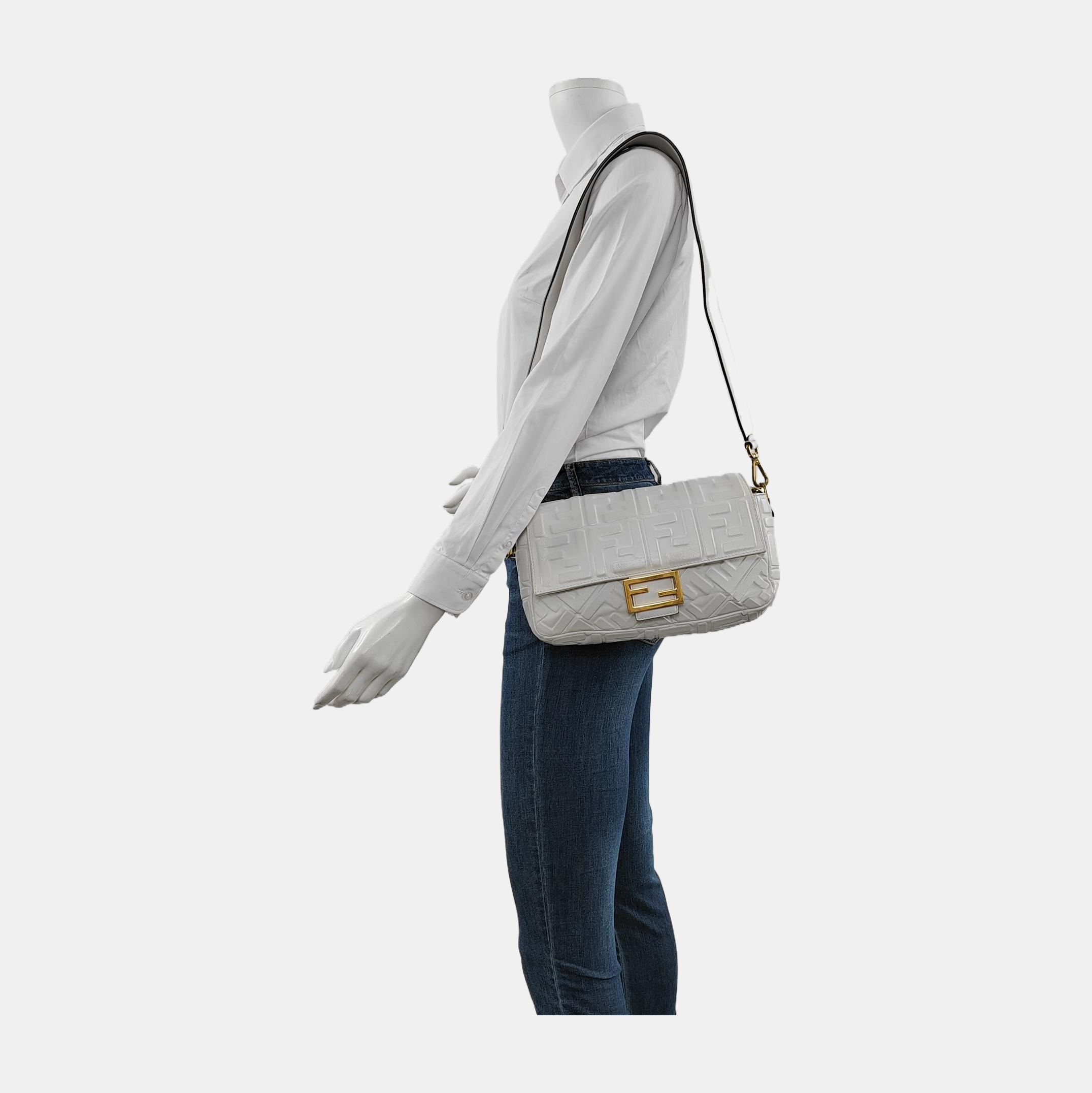 Fendi Baguette White Lambskin Leather Crossbody Bag Medium