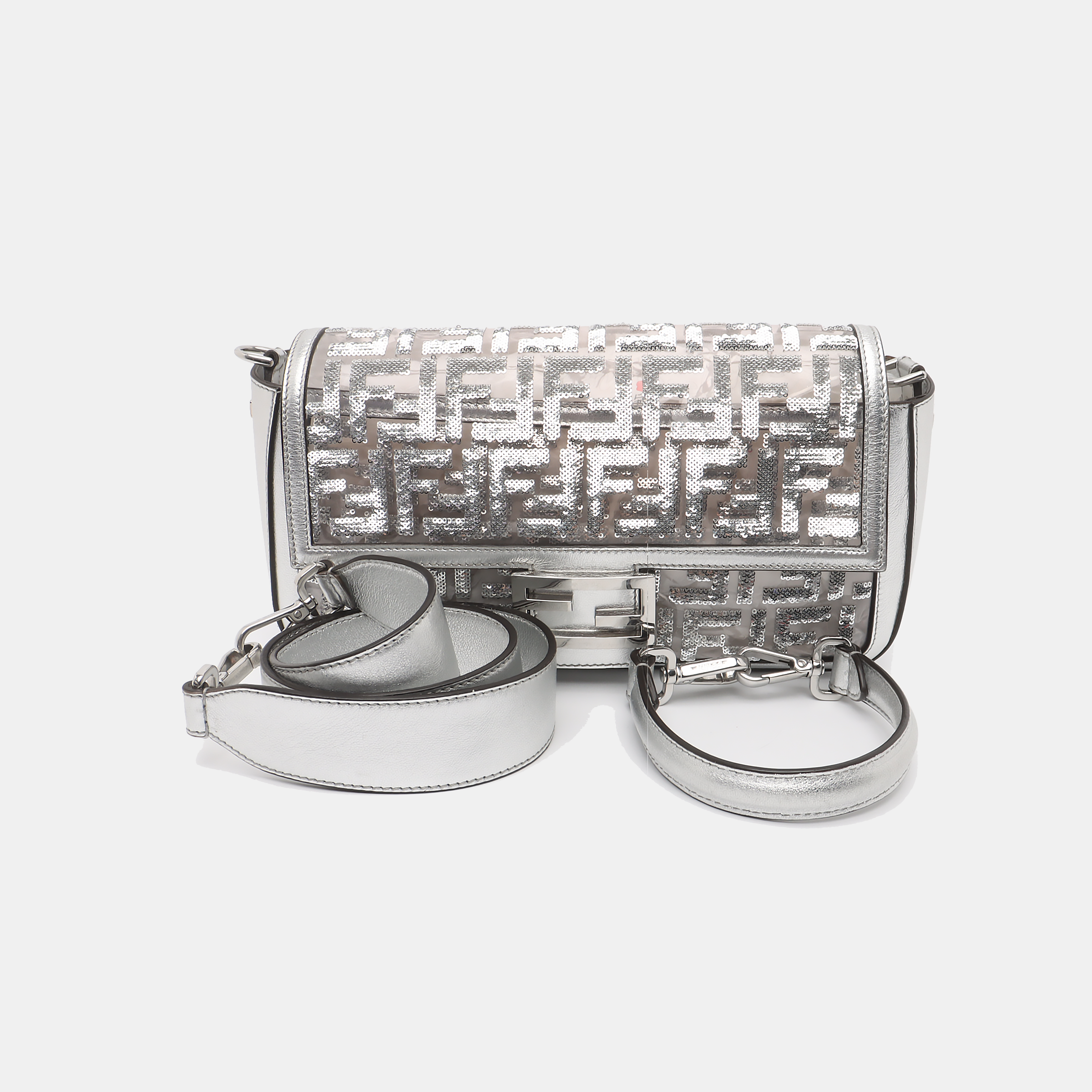 Fendi Baguette Medium Fendi x Nicki Minaj Silver PVC and Leather with Glitter Sequins Crossbody Bag
