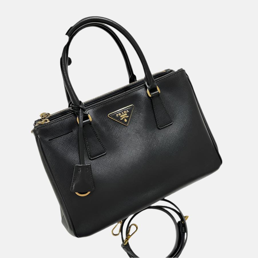 Prada Galleria Saffiano Leather Small Black Handbag with Strap