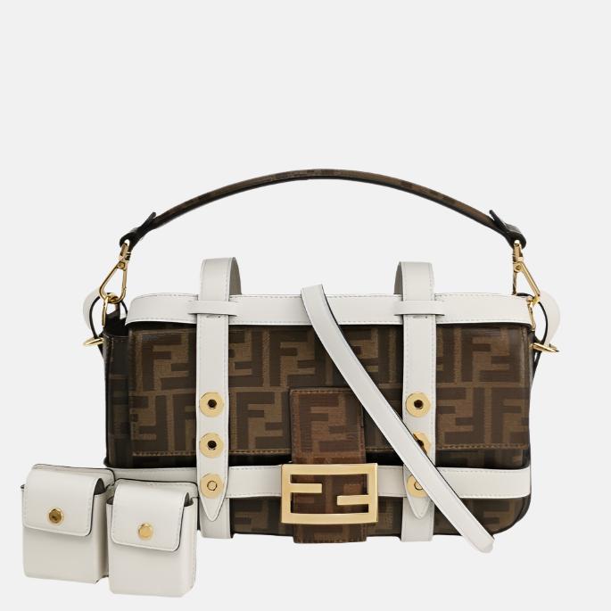 Fendi Baguette Glazed Fabric Vitello Century FF 1974 Large Baguette Cage Mogano Panna White Ice
