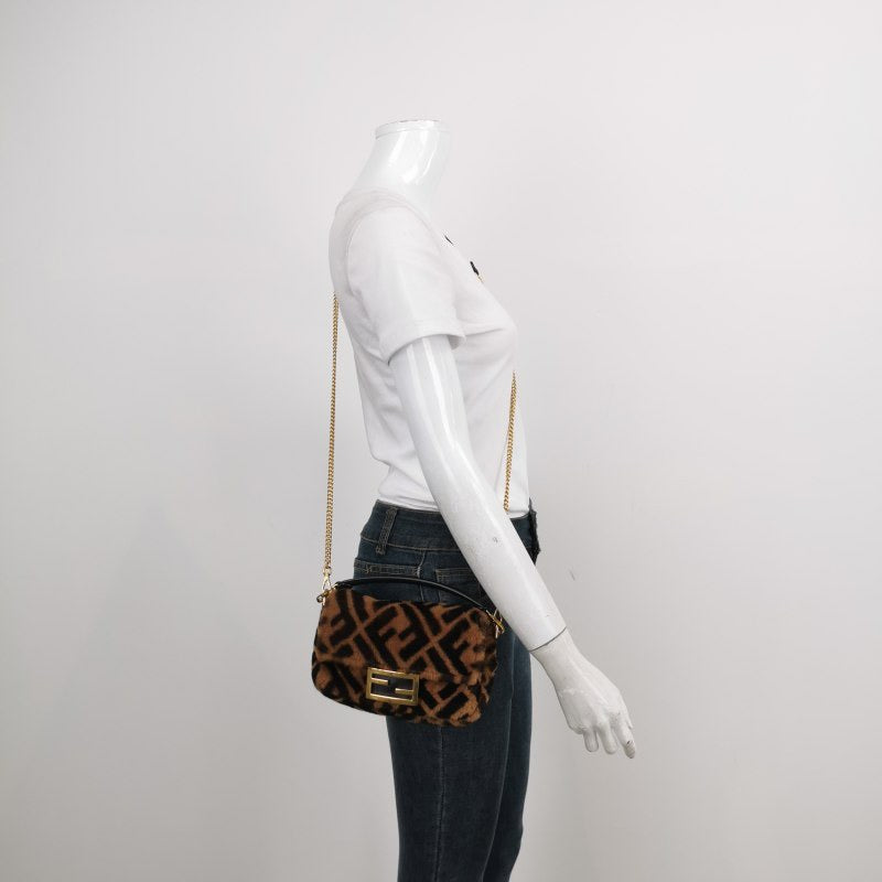 Fendi Baguette Mini Shearling Vitello Dolce Marco FF 1974 Tobacco Black Brown Zucca