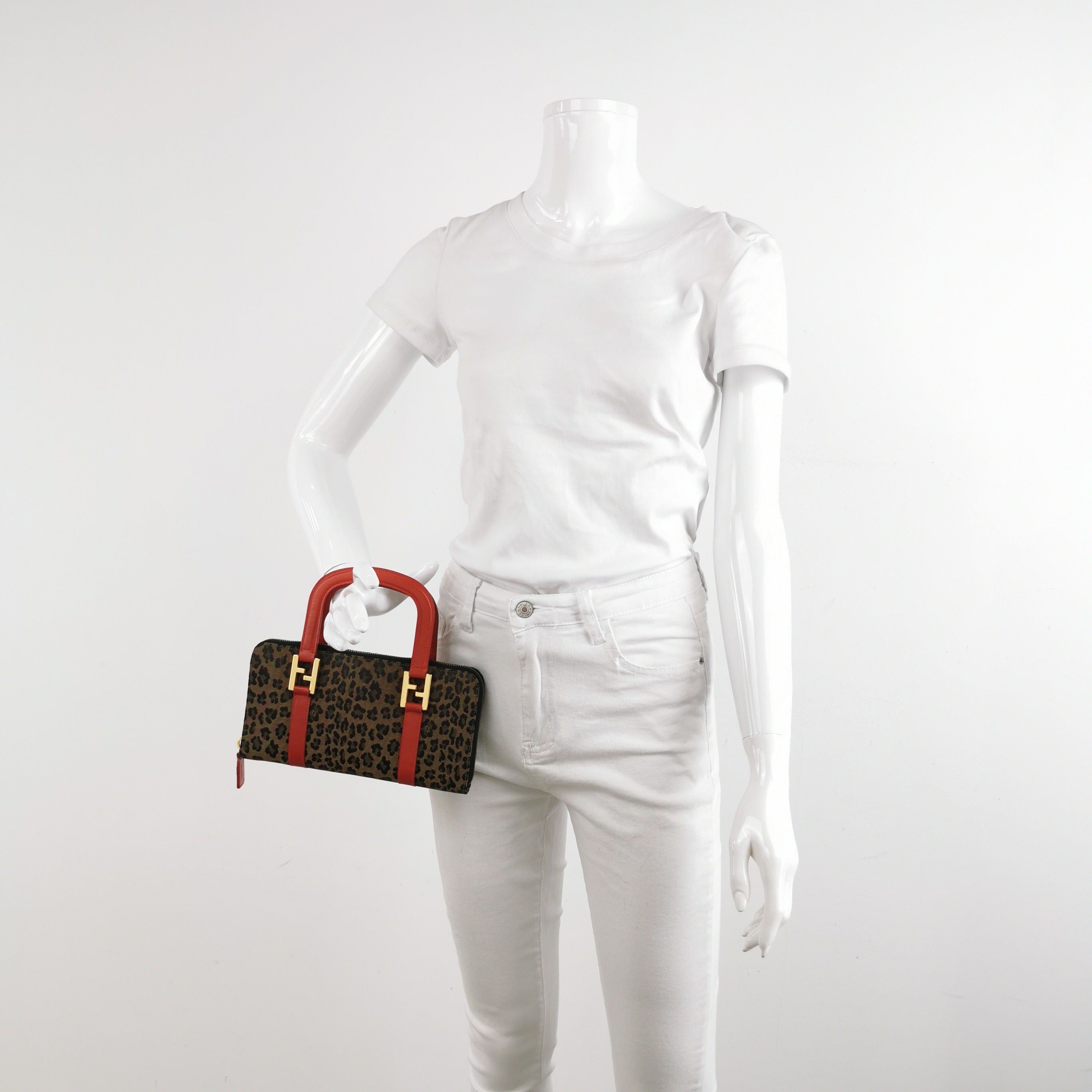 Fendi Clutch Denim Leopard Print with Red Leather Handles