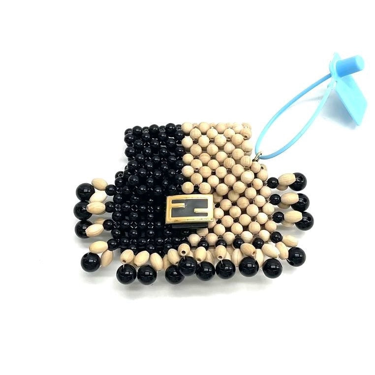 Fendi Micro Acrylic Wood Beaded Pico Baguette Charm Headphone Holder Black and Natural