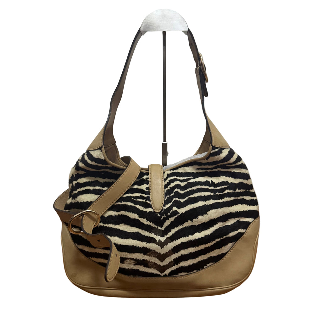 Gucci Jackie Soft Medium Zebra Print Pony-style Calfskin and Beige Suede Silver HW
