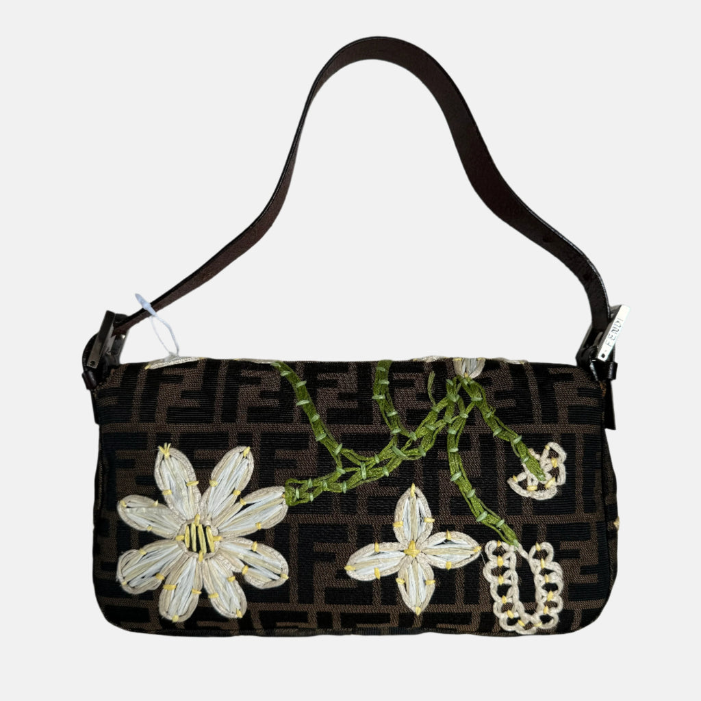 Fendi Baguette Zucca Monogram with Straw Floral Embroidery
